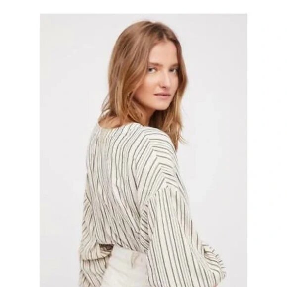 FREE PEOPLE Rhythm of the Night Striped Bishop Sleeve Crepe Tunic Top Size S - Picture 3 of 11